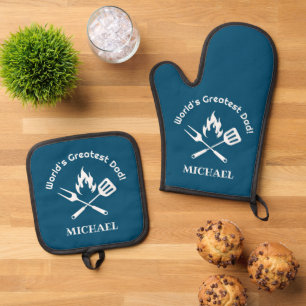 weltbester Papa, personalisierter, weißer Grill Ofenhandschuh & Topflappen-Set