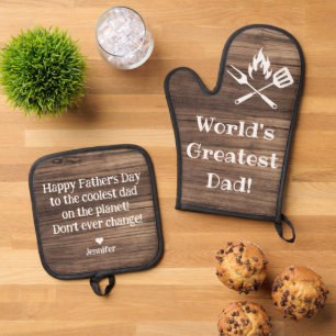 weltbester Papa, rustikales Holz Ofenhandschuh & Topflappen-Set