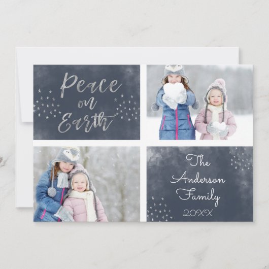 Weltfrieden Blau und Silber Foto Feiertagskarte (Vorderseite)