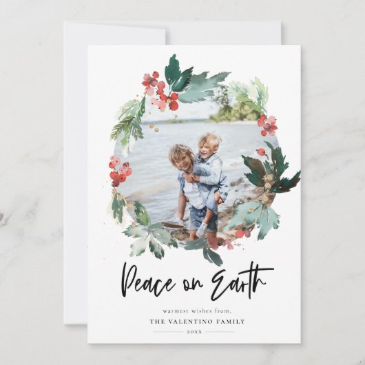 Weltfrieden Botanischer Berry Wreath Foto Feiertagskarte (Vorderseite)