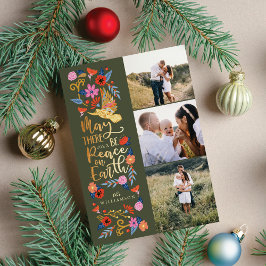 Weltfrieden Dove Floral Folk Art Green Foto Feiertagskarte