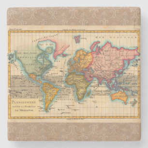 Weltkarte 1780 Bonne Antique Planisphäre  Steinuntersetzer
