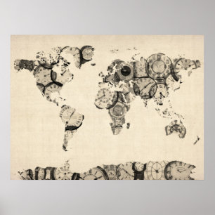 Weltkarte aus alten Uhren Poster