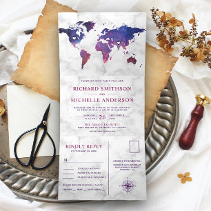Weltkarte aus weißem Marmor auf einer Hochzeit Dreifach Gefaltete Einladung