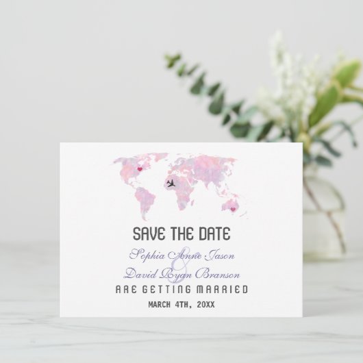 Weltkarte "Benutzerdefiniertes Ziel" Save the Date (Stehend Vorderseite)