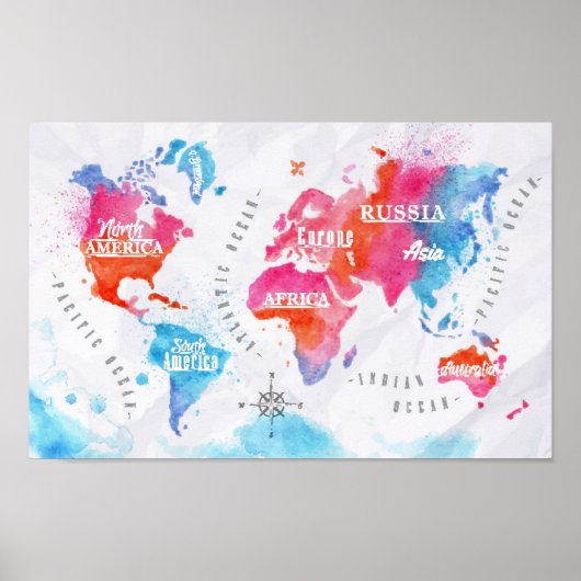 Weltkarte der Aquarellbilder pink blau Poster (Vorne)