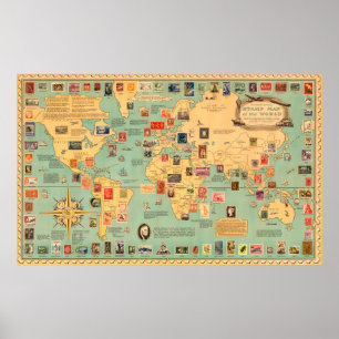 Weltkarte der Briefmarke Poster