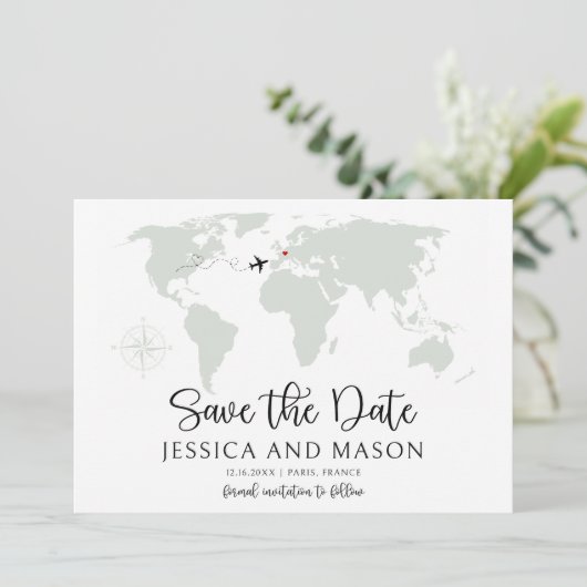 Weltkarte der Hochzeit in Urlaubsort Save the Date Einladung (Stehend Vorderseite)