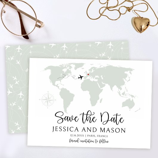 Weltkarte der Hochzeit in Urlaubsort Save the Date Einladung