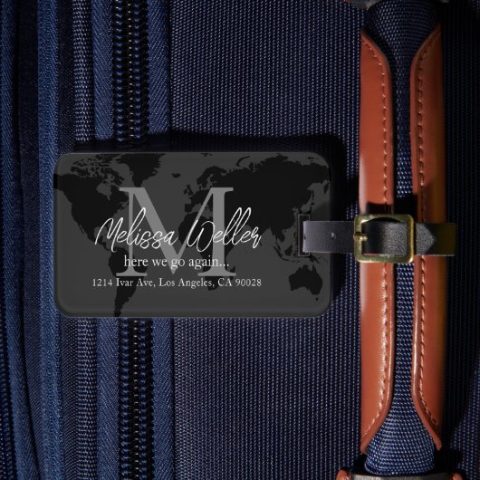 Weltkarte Dunkelgrau Reisende Monogramm Gepäckanhänger (Vorderseite Insitu 4)