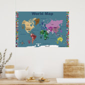 Weltkarte für Kinder - Blau mit Flaggen Poster (Küche)
