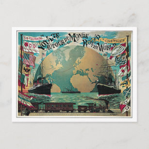 Weltkarte für Vintage Eisenbahn- und Seereisen Postkarte