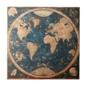 Weltkarte für Vintages Blau und Gold Fliese