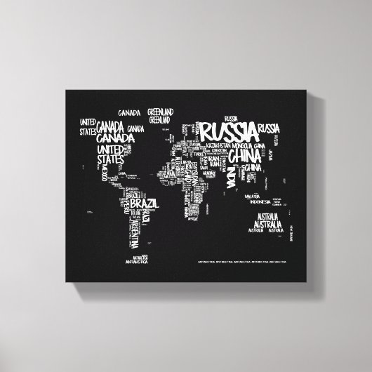 Weltkarte Handgeschriebene Typografie, Schwarz und Leinwanddruck (Vorderseite)