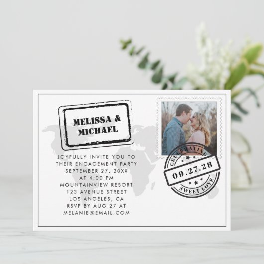 Weltkarte-Hochzeit in Urlaubsort-Engagement-Partei Einladung (Stehend Vorderseite)