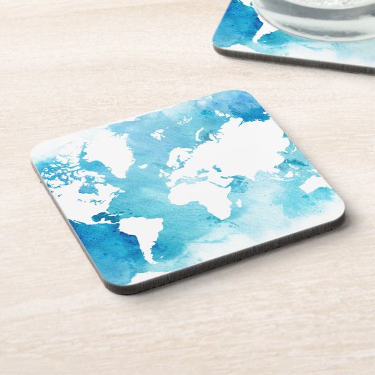 Weltkarte in den Watercolor-Blues Getränkeuntersetzer (Linke Seite)