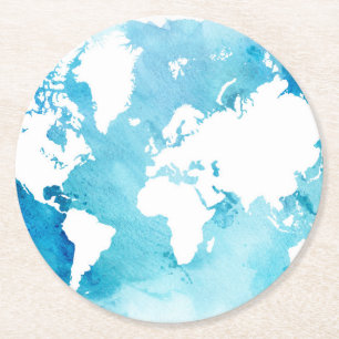 Weltkarte in den Watercolor-Blues Runder Pappuntersetzer