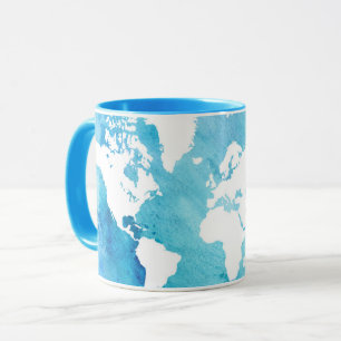 Weltkarte in den Watercolor-Blues Tasse