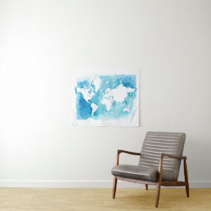 Weltkarte in den Watercolor-Blues Wandteppich