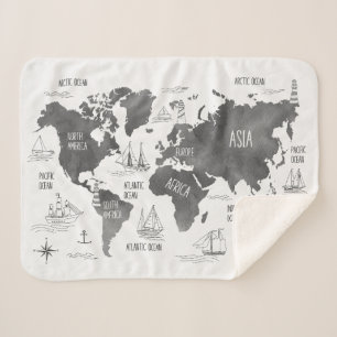 Weltkarte Kunst Schwarz Weiß Nautisch Sherpadecke