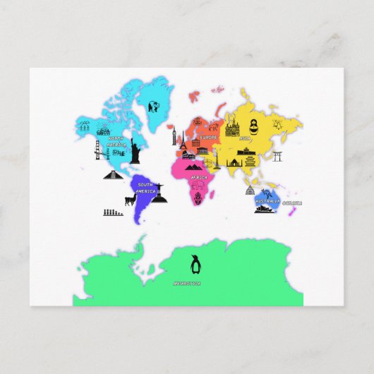 Weltkarte mit den Namen der Kontinente Postkarte (Vorderseite)