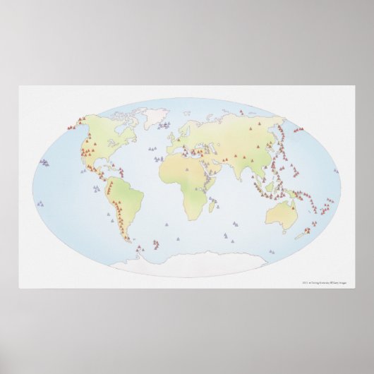 Weltkarte mit den Orten vulkanischer Aktivität Poster (Vorne)