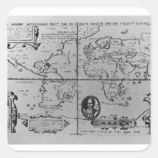 Weltkarte mit Einzelheiten zu den Expeditionen Quadratischer Aufkleber (Vorderseite)