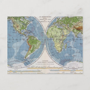 Weltkarte mit Höhenangabe der Meerestiefe des Land Postkarte