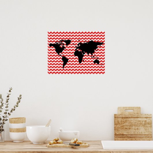 Weltkarte mit roten Zickzack Mustern Poster (Küche)