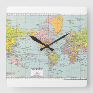 Weltkarte mit weißem Rand Quadratische Wanduhr