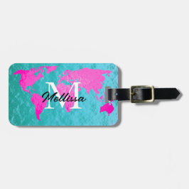 Weltkarte Monogram Aquamarin Blue Pink Gold Foil C Gepäckanhänger