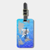 Weltkarte Monogram Graue blaue Foil Glittery Custo Gepäckanhänger (Vorderseite vertikal)