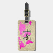 Weltkarte Monogramme Reisende Pink Gold Glitzer Gepäckanhänger (Vorderseite vertikal)