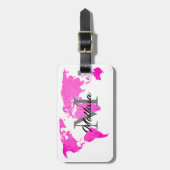 Weltkarte Monogramme Reisende Rosa Weiße Moderne Gepäckanhänger (Vorderseite vertikal)