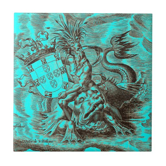 Weltkarte Poseidon Reitdelphin Fliese (Vorderseite)