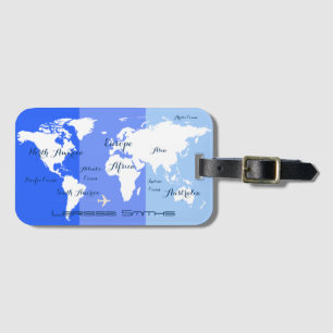 Weltkarte Reis blau gestreift Gepäckanhänger