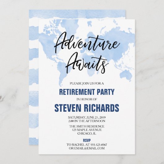 Weltkarte Reisende Ruhestand Aquarell blau Einladung (Vorne/Hinten)