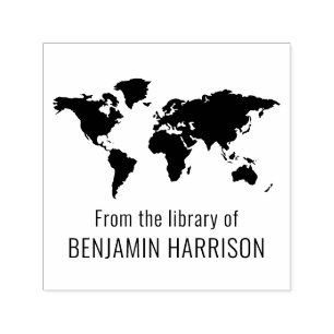Weltkarte Silhouette „Aus der Bibliothek von“ Name Permastempel
