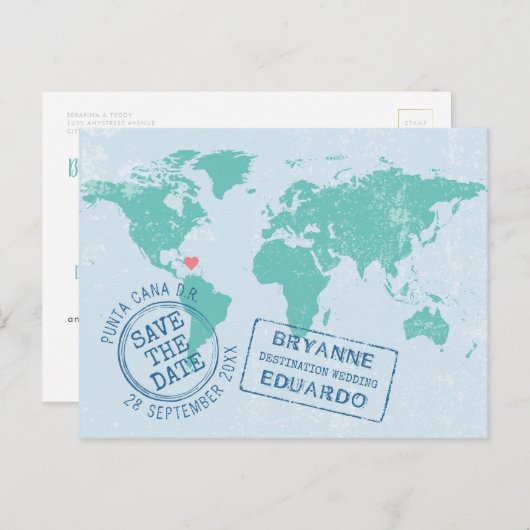 Weltkarten-Save the Date Postkarte EDITABLE FARBEN (Vorne/Hinten)