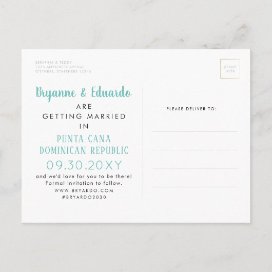 Weltkarten-Save the Date Postkarte EDITABLE FARBEN (Rückseite)