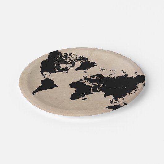Weltkarteschwarzes Pappteller (Schrägansicht)
