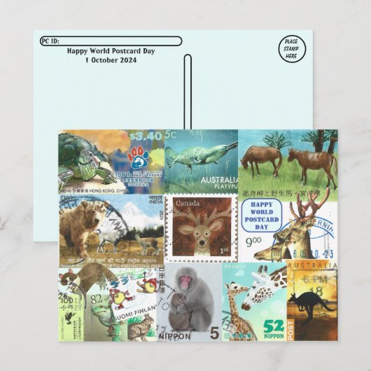Weltpostkartentag - Briefmarke der Tierpost Postkarte (Vorne/Hinten)
