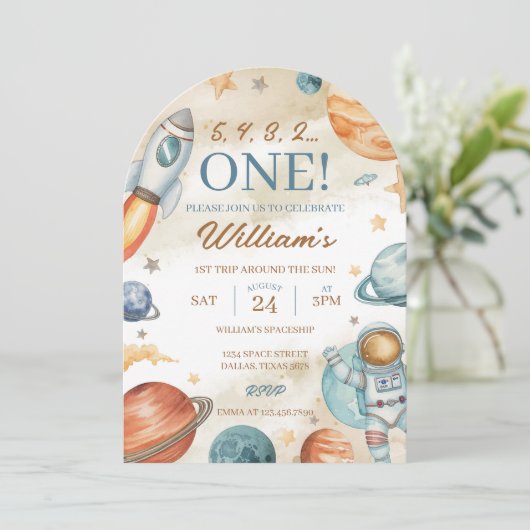 Weltraum 1. Geburtstag Einladung (Stehend Vorderseite)
