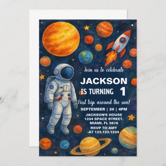 Weltraum 1. Geburtstag Einladung (Vorne/Hinten)