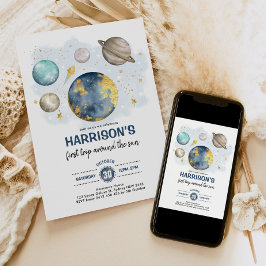 Weltraum 1. Geburtstag Galaxy Moon Sterne Planeten Einladung