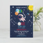 Weltraum 1. Geburtstag Party Astronautenrakete Einladung (Stehend Vorderseite)