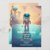 Weltraum 1. Geburtstag Party Astronautenrakete in Einladung (Vorne/Hinten)