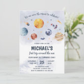 Weltraum 1. Geburtstag Party Erster Rundgang durch Einladung (Stehend Vorderseite)