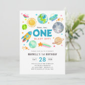 Weltraum 1. Geburtstag Party Raketenraumschiff Einladung (Stehend Vorderseite)