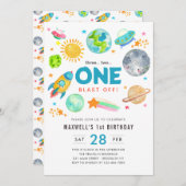 Weltraum 1. Geburtstag Party Raketenraumschiff Einladung (Vorne/Hinten)